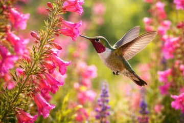 Obraz premium Cheerful broad tailed hummingbird exploring vibrant penstemon blossoms on a warm summer day