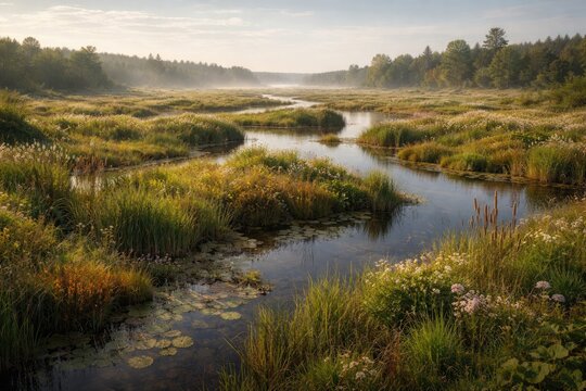 Expansive marshland habitat with diverse vegetation
