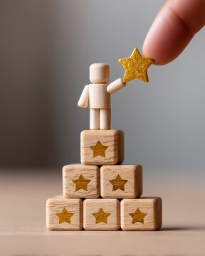 Customer Loyalty and Satisfaction Survey Concept with Wooden Figurine Touching Golden Star Icon