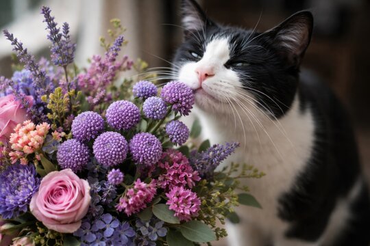 Happy black and white cat sniffing colorful purple brunia floral arrangement