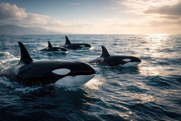 Naklejka premium Orca whale pod swimming with copyspace for text in open sea setting