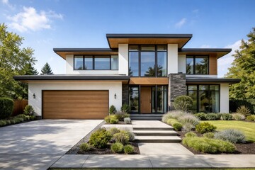 Fototapeta premium Contemporary suburban dwelling exterior on sunny blue day