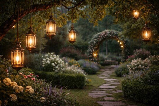 Old fashioned garden view with hanging tree lanterns and copy space
