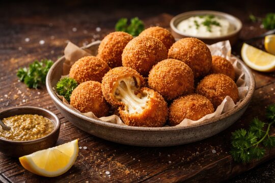 Copy space banner of traditional Dutch bitterballen stuffed with melted mozzarella and breaded for crunch