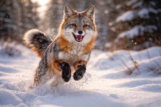 Energetic captive grey fox frolicking in snow on a chilly winter afternoon