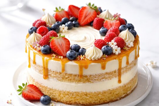 Close up of a decorated sponge cake captured on a bright white background