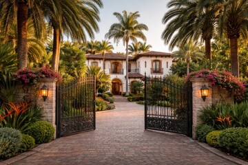 Fototapeta premium Opulent Spanish style residence boasting privacy gate and tropical palm estate