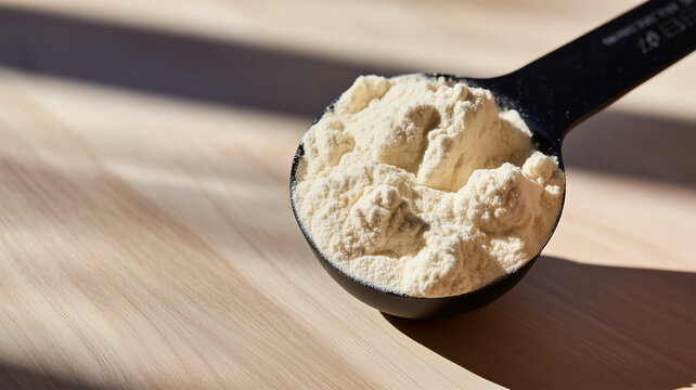 Close-up of bovine colostrum powder in a black scoop on wooden surface, detailed texture, ideal for protein supplements, nutrition, and dairy product concepts