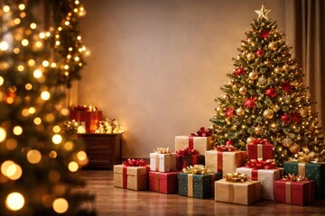 Obraz premium Copy space background displaying Christmas tree and assorted wrapped gifts