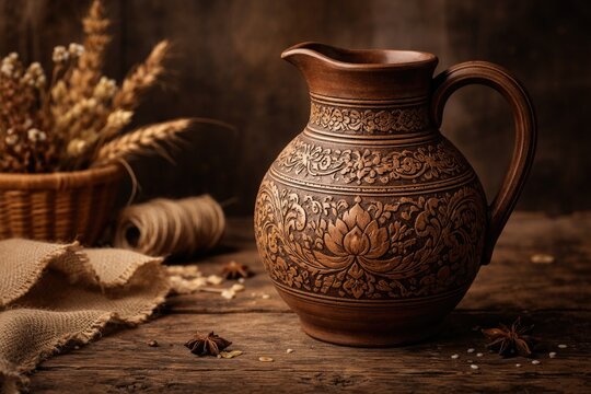Brown jug with natural handmade Asian patterns and country style copy space