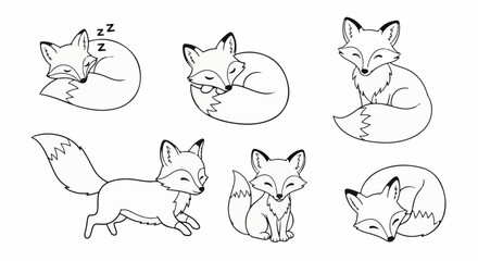 Fototapeta premium Six charming line art illustrations of foxes in various playful poses and resting positions