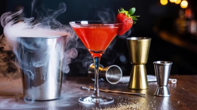 Red cocktail garnished with a strawberry alongside smoky metal shaker and bar tools on wooden surface.