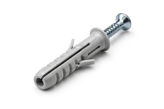 Focused view of a plastic dowel fastener with plain white background