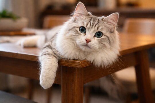 Gentle white cat with striking fur patterns half hanging from dining table edge