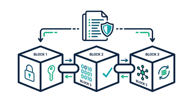 Blockchain Technology Data Security Concept with Linked Blocks, Smart Contract, and Digital Ledger Illustration