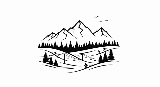 Black and white illustration of skiers and snowboarders on mountain slopes with ski lifts