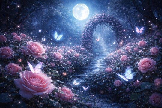 Fantasy fairy tale landscape showcasing a pink rose garden alive with butterflies beneath a shining moonbeam in a dreamy blue setting
