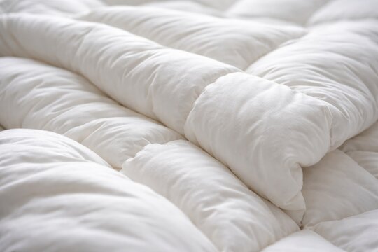 Close up image of thick white quilt fabric emphasizing winter comfort
