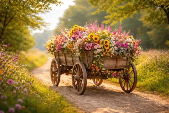 Cheerful flower-filled wagon traveling along a rural path