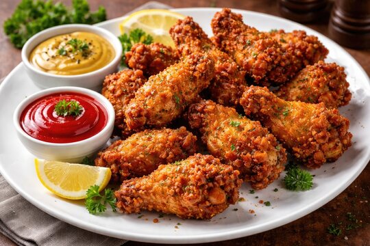 Crispy deep fried chicken winglets displayed on white plate with side mustard and tomato gravy dishes