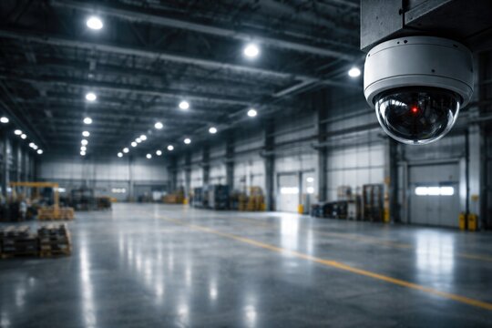 Factory security camera capturing empty industrial space for safety and surveillance