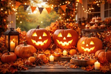 Obraz premium bright and cheerful Halloween decorations arranged for festive celebration