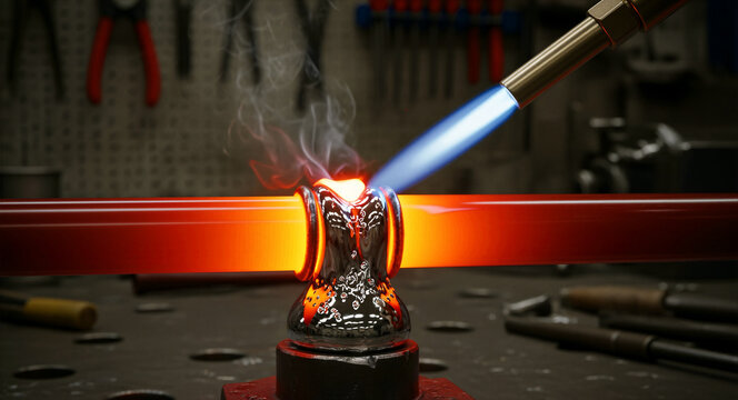Gas torch heating a metal pipe joint in a workshop. Intense blue flame melts solder on a glowing red hot connector. Industrial metalwork repair concept, ideal for plumbing or craftsmanship marketing.