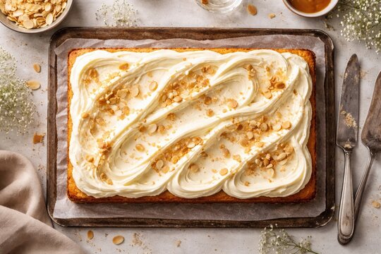 Birds eye perspective of a rectangle cake with creamy topping
