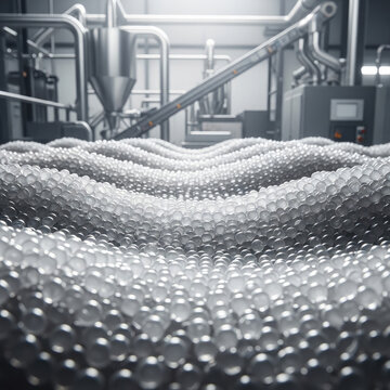 A large pile of small white plastic beads in an industrial setting