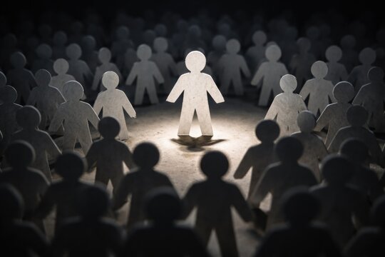 Front perspective on a single raised paper figure encircled by many others against a shadowy background symbolizing exclusion