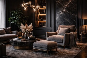 Obraz premium Interior design background showing luxury living room with dark wall and cozy chair