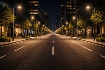 Obraz premium Asphalt roadway lit by street lamps in a contemporary urban setting