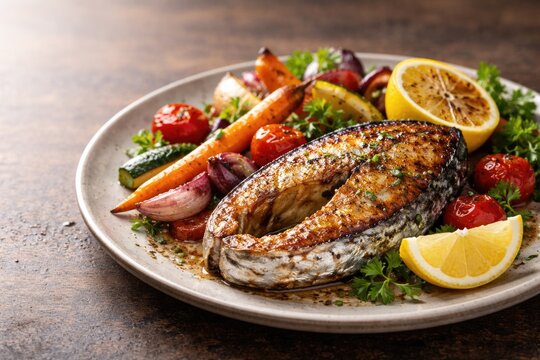 Cooked mackerel steak presented alongside roasted vegetables and lemon half with ample copy space