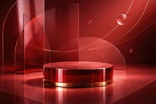 Modern minimal podium stand in madder red glass with abstract graphic elements and clean design