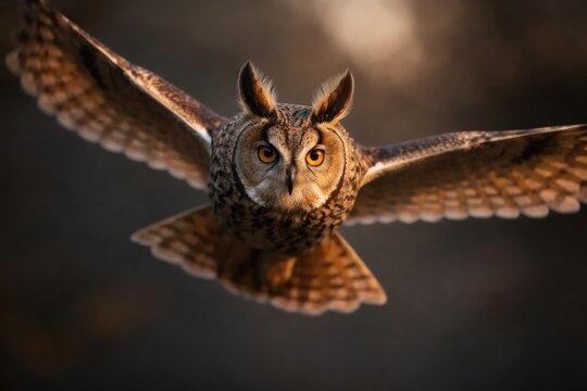 Asio otus owl in flight highlighting prominent ear feather tufts