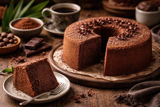 Artistic presentation of chocolate chiffon cake with Indonesian kue bolu coklat
