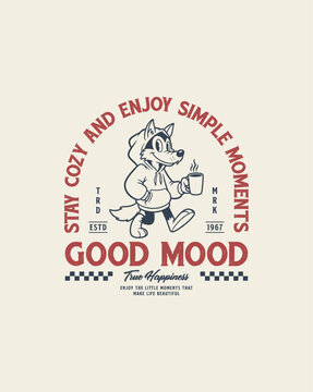 Cartoon Wolf Enjoying Coffee in Cozy Hoodie.