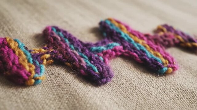 Closeup of colorful zigzag embroidery stitching on neutral linen fabric, showcasing detailed handmade needlework texture for textile and craft projects.