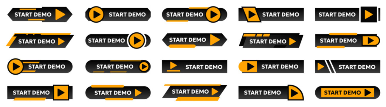 Start demo button collection. Dark interface buttons with play icons and modern user interface elements