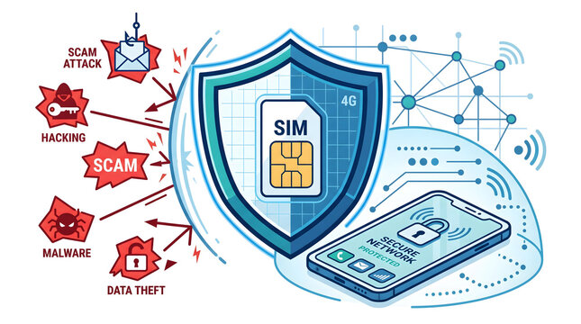 SIM Card and Mobile Security Concept. Digital Shield Protecting Data from Cyber Attacks, Hacking, Malware, Scams, and Data Theft. Network Protection.