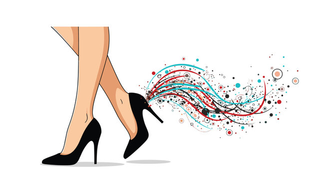 Close up of a woman's legs wearing black high heels with vibrant abstract swirls and dots trailing from her step.
