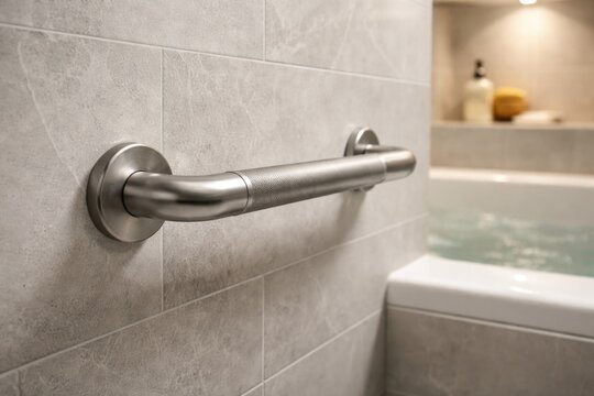 Close up of sturdy grab bar on tiled wall in contemporary bathroom with bathtub