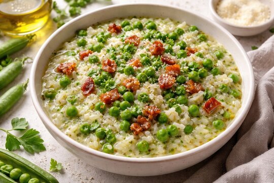 Italian seasonal risi e bisi with tender green peas parsley and bacon bits over white background