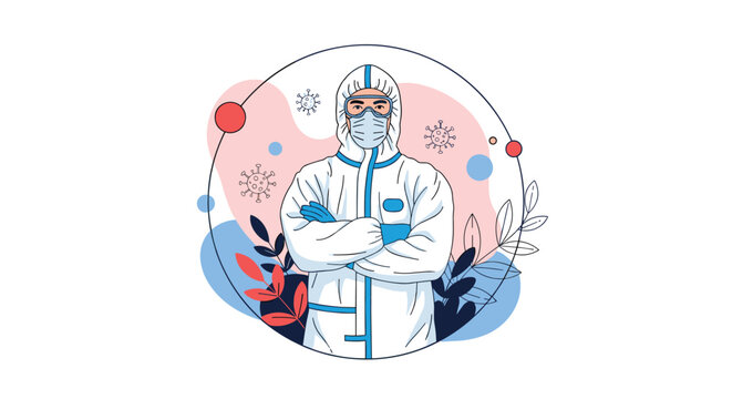 Medical professional wearing a protective hazmat suit, mask, and goggles standing with arms crossed during a global health crisis or pandemic.