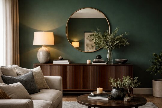 Living room setting with a commode and d&Atilde;&copy;cor arranged in front of a dark green wall mock up