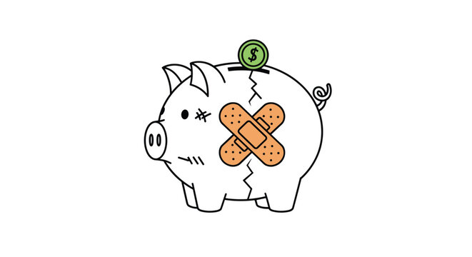Cracked white piggy bank with cross bandages on the side receiving a coin representing financial recovery or crisis management.