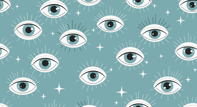 Seamless pattern of multiple blue eyes with stylized long eyelashes and small stars on a soft blue decorative background.