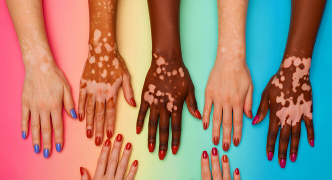 Diverse women's hands with vitiligo and manicures on a rainbow background. Skin inclusivity featuring different ethnicities. Body positivity concept, ideal for healthcare and beauty campaigns.