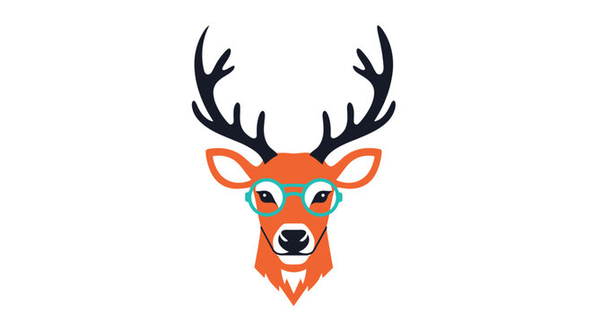 Stylized deer head with large dark antlers wearing trendy round glasses shown on a clean and minimalist white background.
