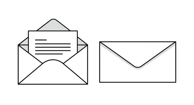 Pair of simple line art envelopes with one open showing a letter and one sealed representing mail and communication concepts.